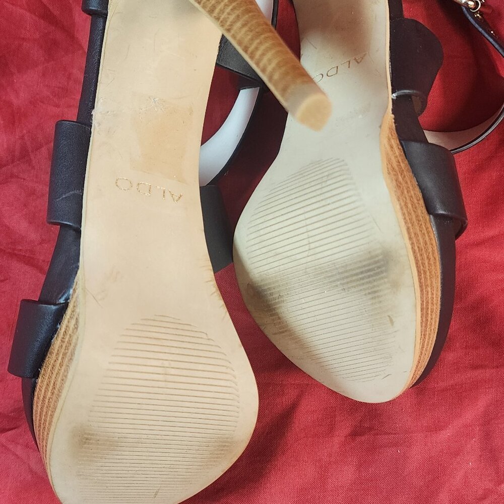 Aldo Wood Platform Black Straps Sandal Heels 8.5 Good Condition - Picture 7 of 8